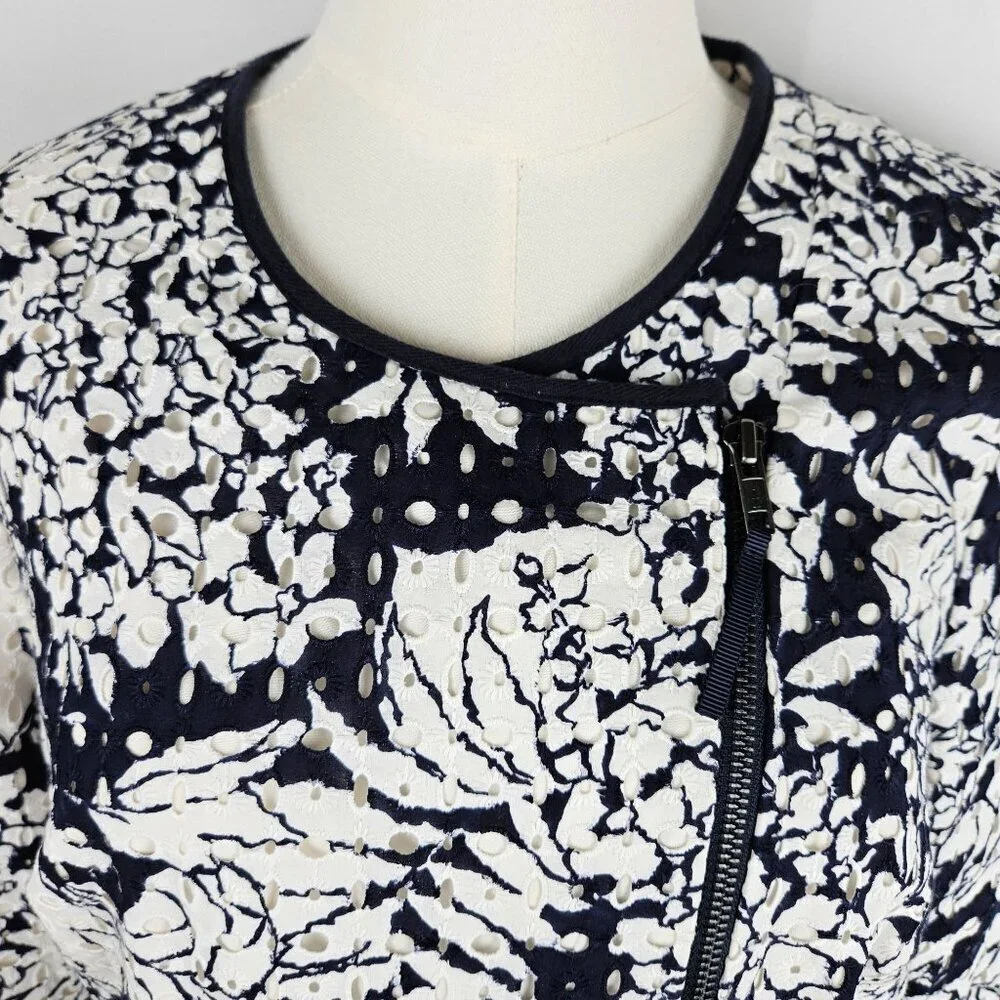 Boden Amelie Broderie Biker Jacket Sz 10 White Black Zip Front Floral Officewear